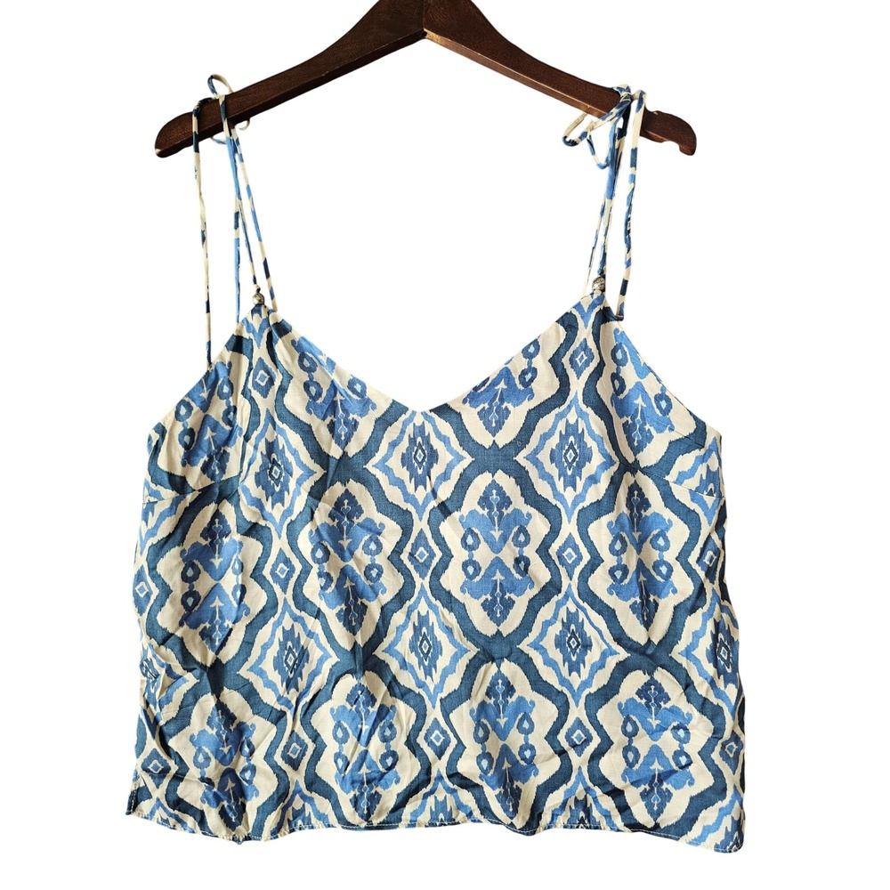 Zara Womens XL Blue Cream Ikat Geometric Print Camisole Tie Strap Beaded Top